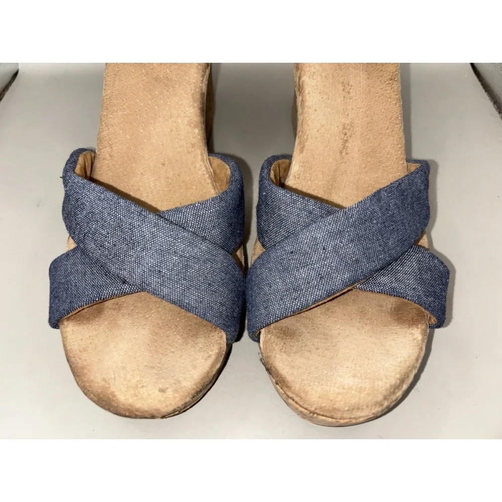 TOMS Sienna Cork Wedge Sandal Women Size 10 Blue Denim Strappy Open Toe Buckle